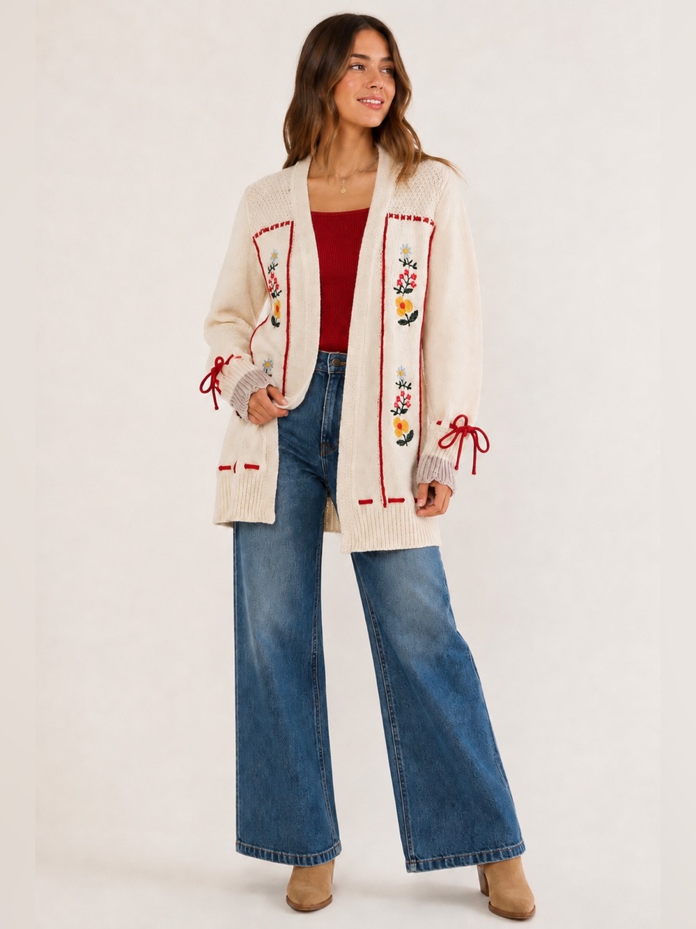 POL Cream Open-Front Cardigan with Red Trim and Floral Embroidery L